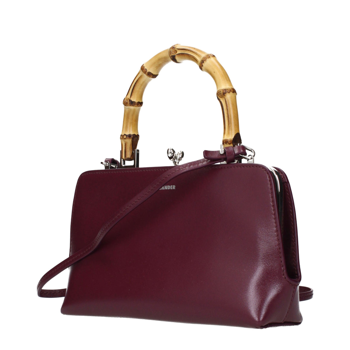 Jil Sander deep red leather handbag with sculptural curved top handle