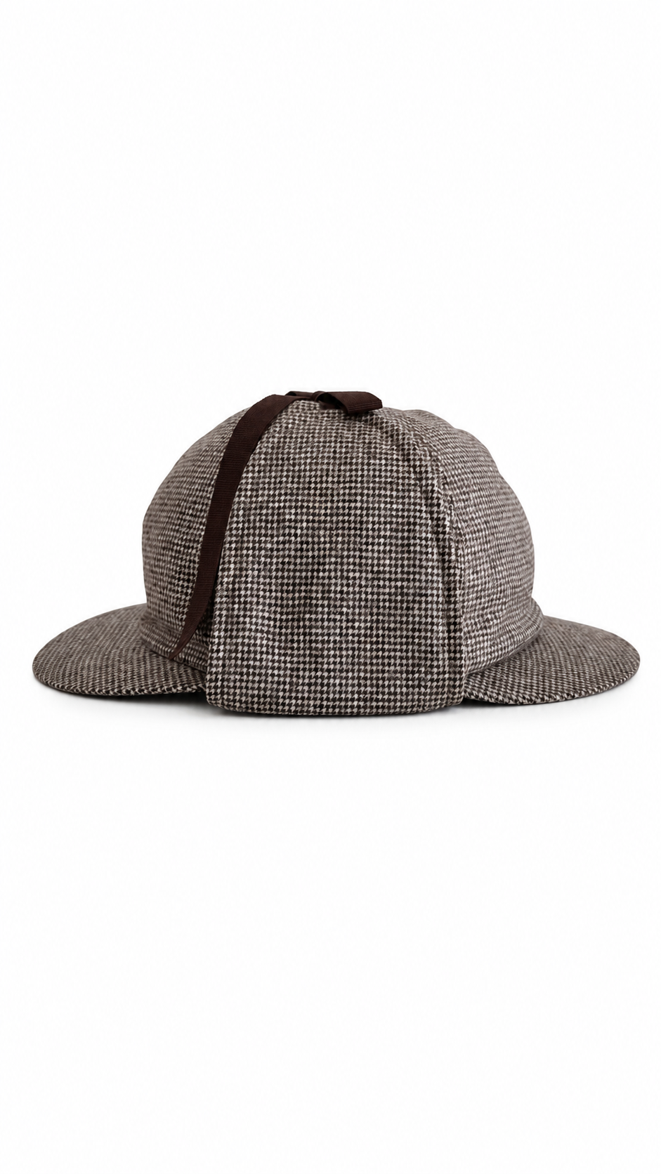 Roger herringbone wool deerstalker hat with front and rear peaks, folded earflaps and brown trim