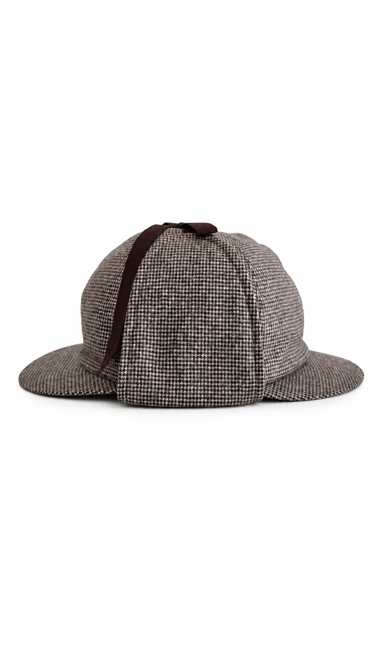 Roger herringbone wool deerstalker hat with front and rear peaks, folded earflaps and brown trim