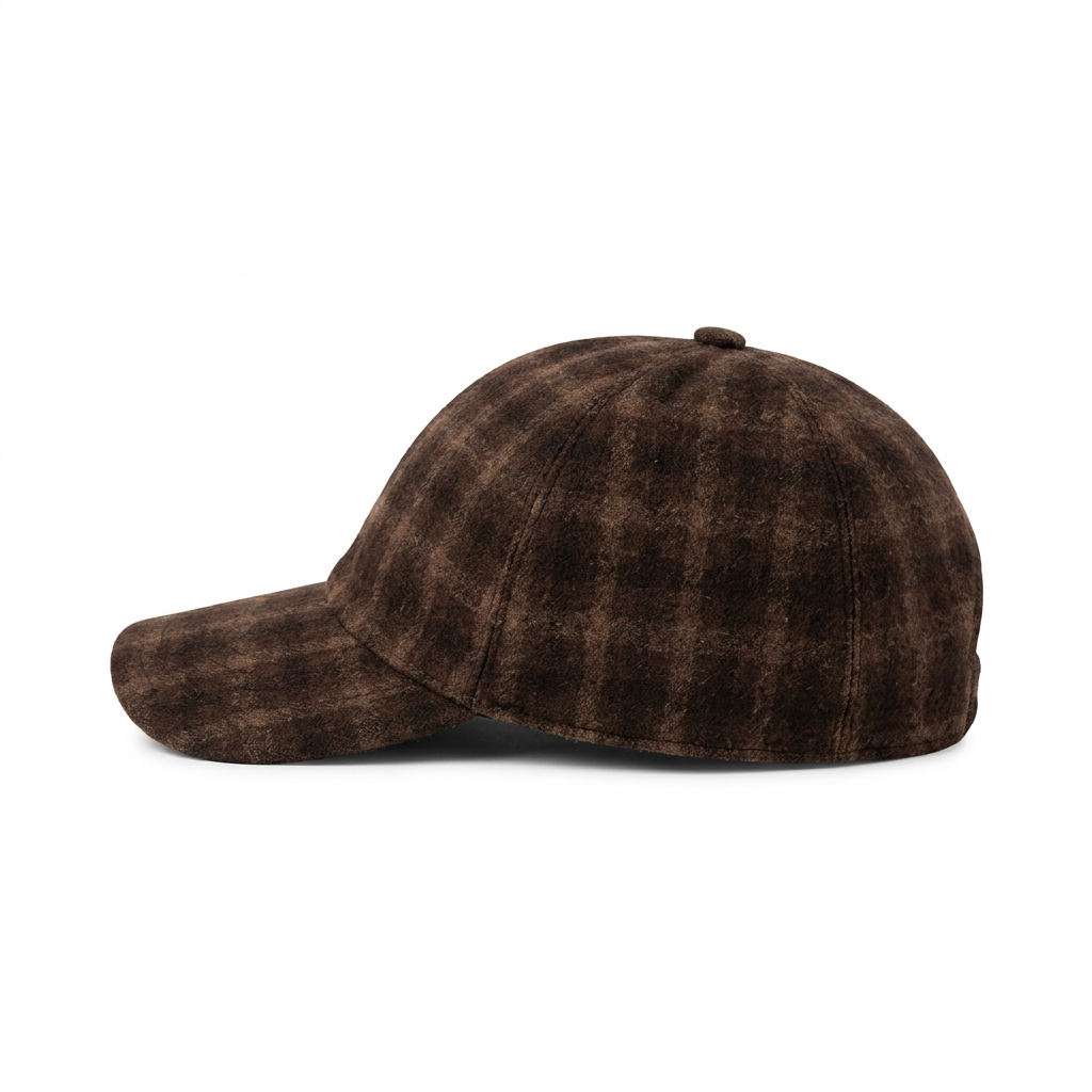 Vittorio brown checked wool baseball cap with six-panel construction and a curved peak